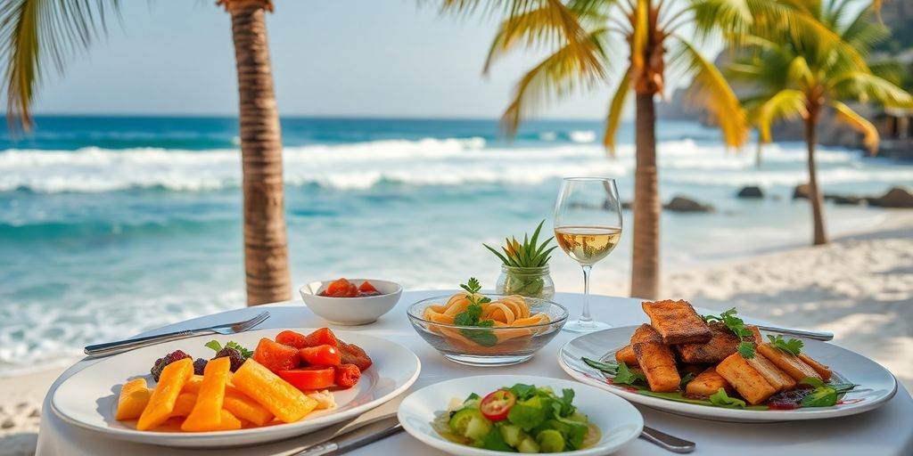 Beach dining setup with gourmet food in Cabo.
