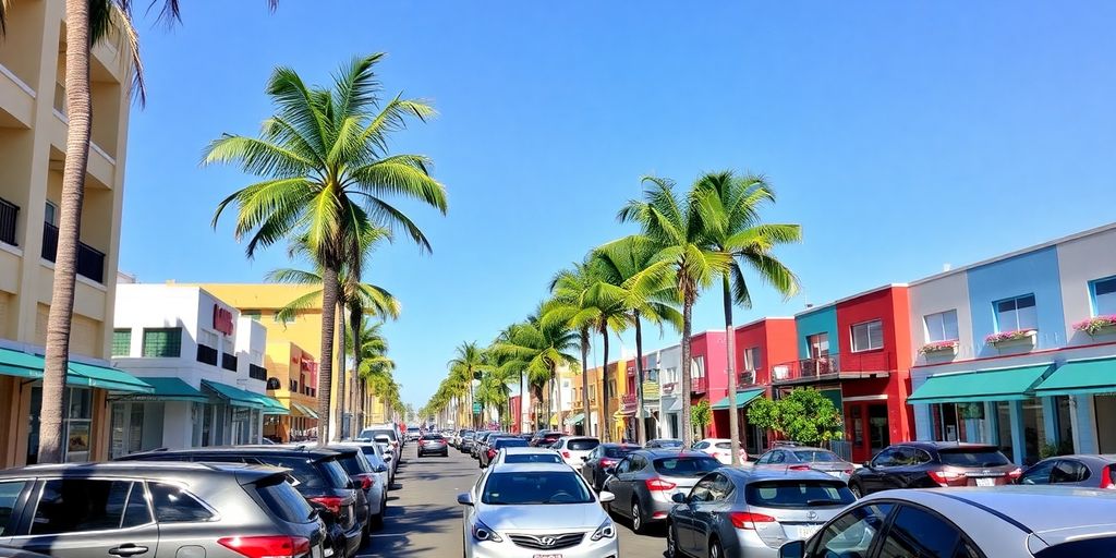 Busy downtown Cabo with parked cars and palm trees.
