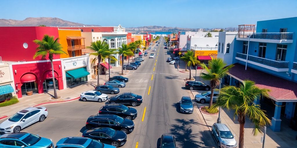 Aerial view of downtown Cabo with parked cars.