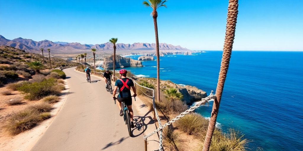 Cyclists enjoying a coastal bike ride in Los Cabos.
