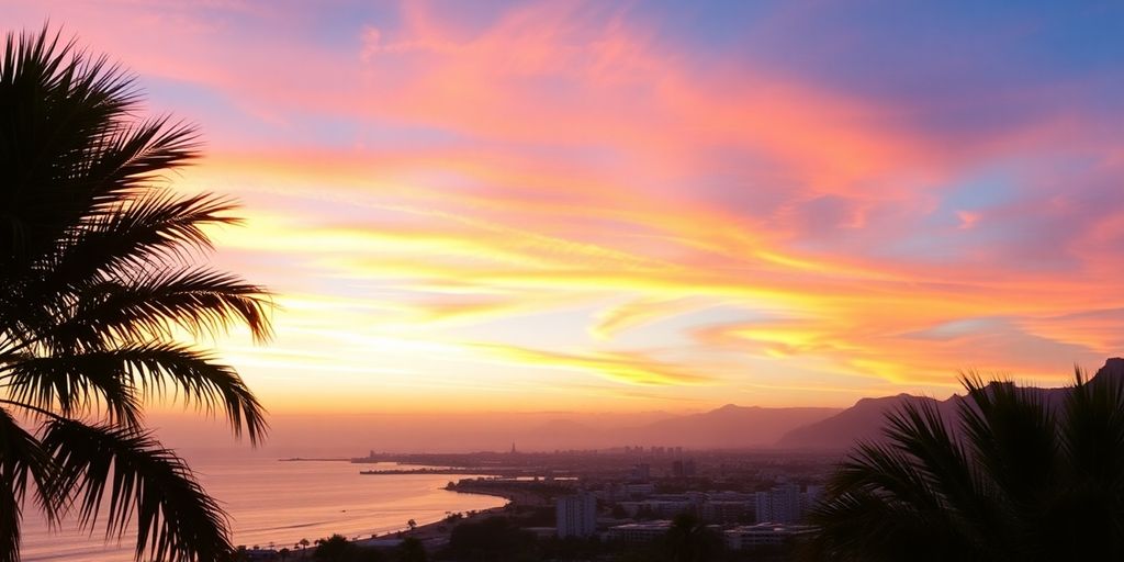 Colorful sunrise over Downtown Cabo with palm trees.