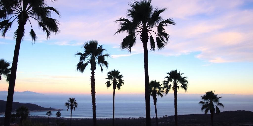 Sunrise over Todos Santos with palm trees and ocean.