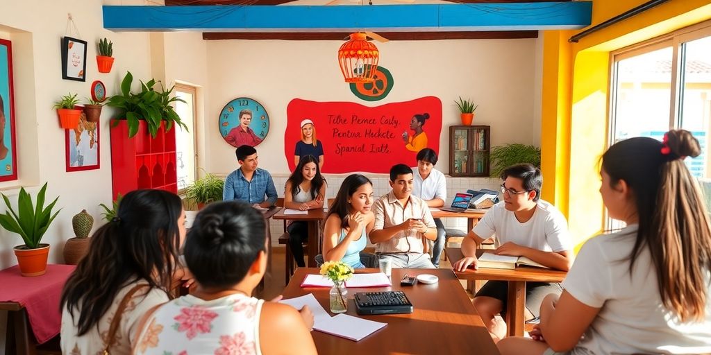 Students learning Spanish in a sunny classroom in Los Cabos.