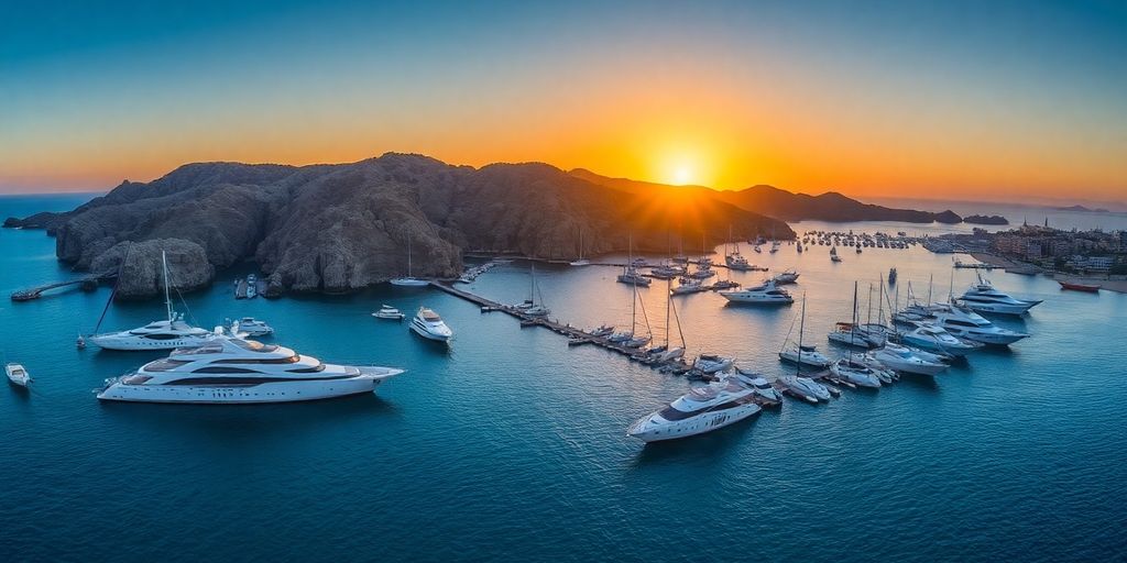 Yachts in Cabo San Lucas at sunset.