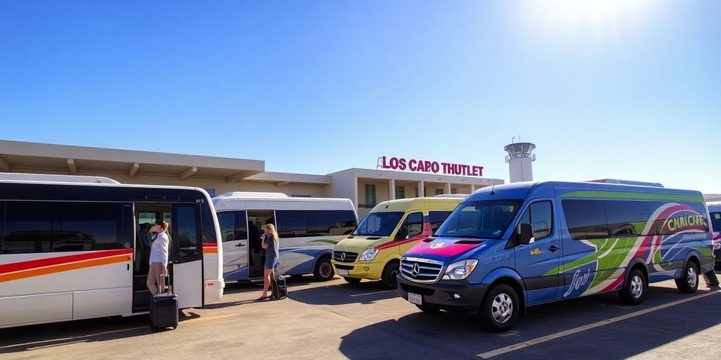 Colorful airport shuttles in Los Cabos with travelers.