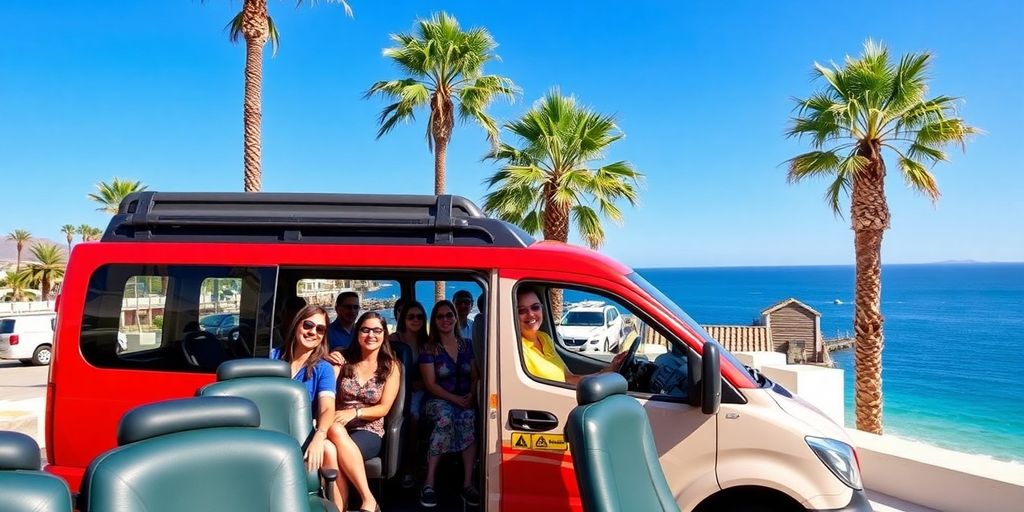 Shared shuttle bus at Los Cabos airport with passengers.