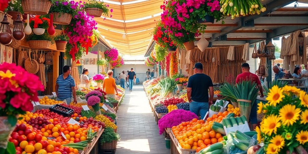 Cabo farmers market with fresh produce and colorful flowers.
