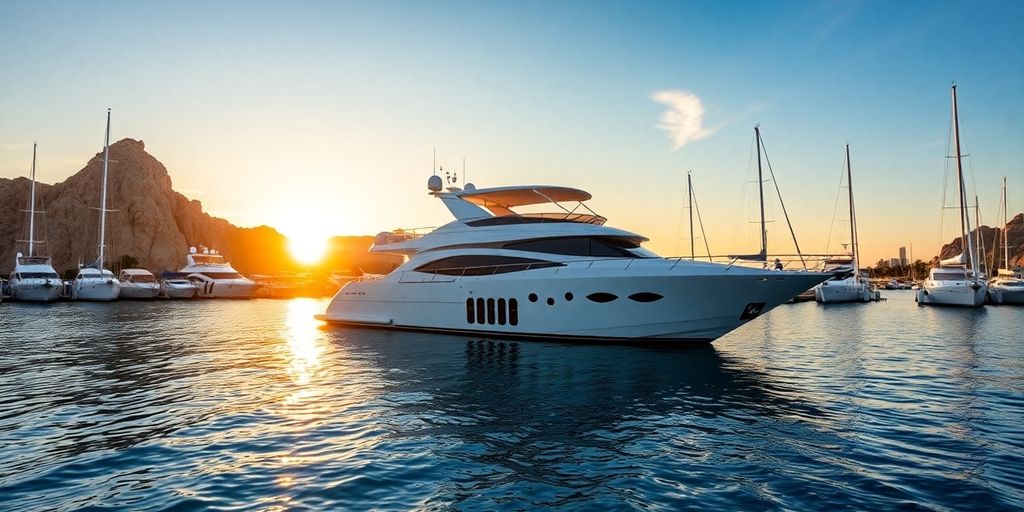 Luxurious yacht in Cabo San Lucas marina at sunset.