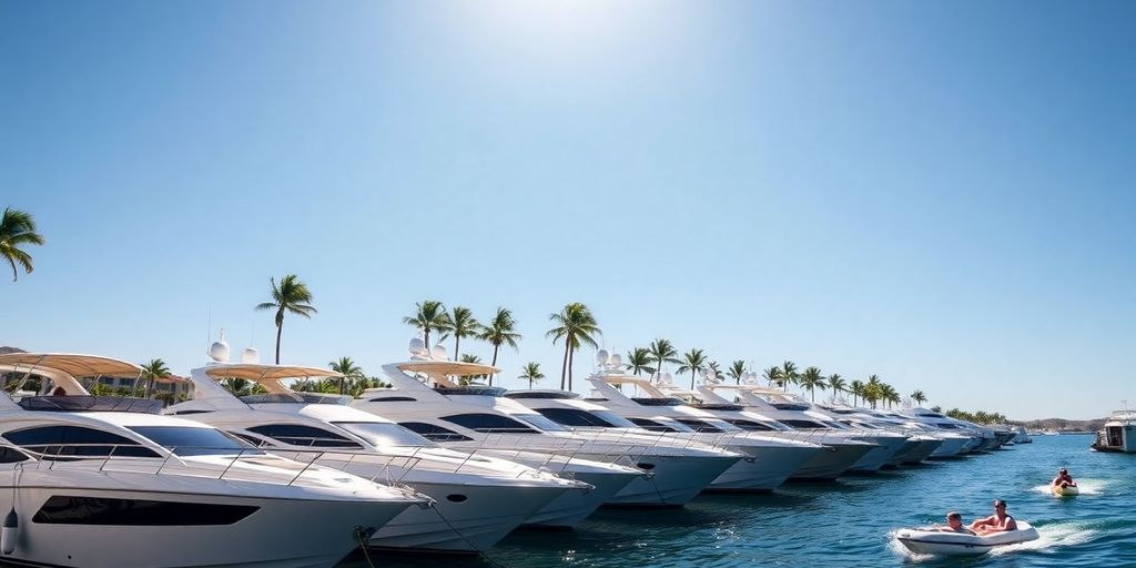 Luxury yachts in Cabo marina with palm trees.