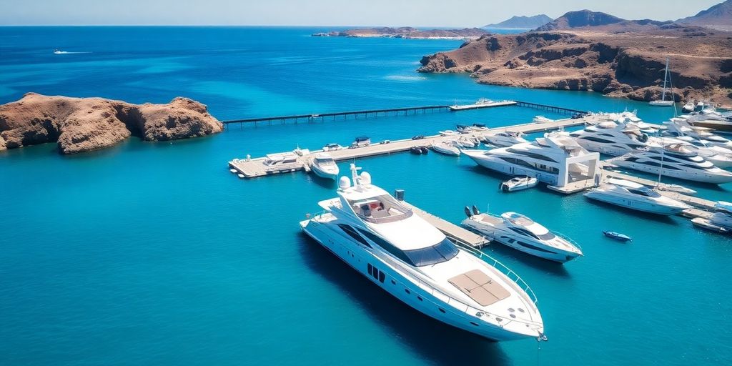 Luxurious yachts docked in Cabo San Lucas harbor.