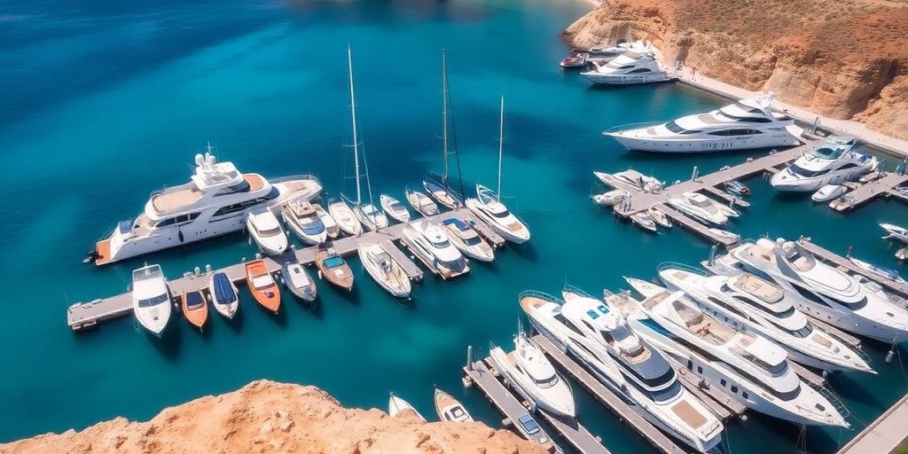 Yachts in Cabo San Lucas marina with blue waters.