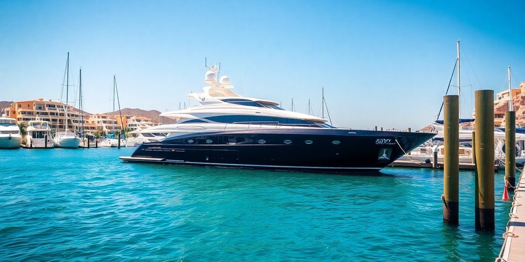 Luxury yacht in Cabo San Lucas under clear blue skies.