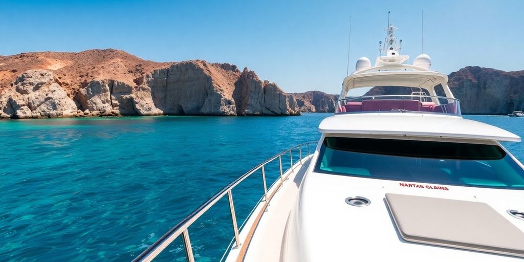Luxury yacht in Cabo San Lucas with clear blue waters.