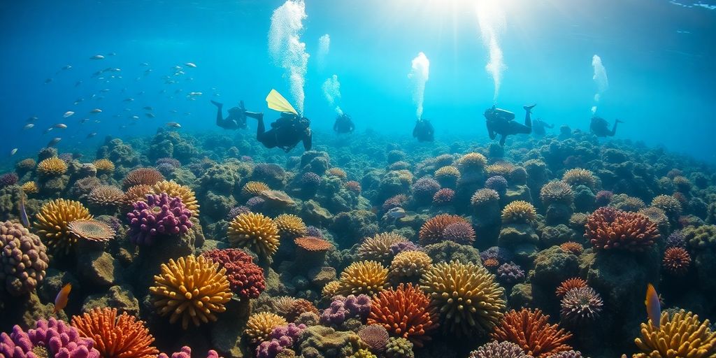 Divers exploring colorful coral reefs in Los Cabos.