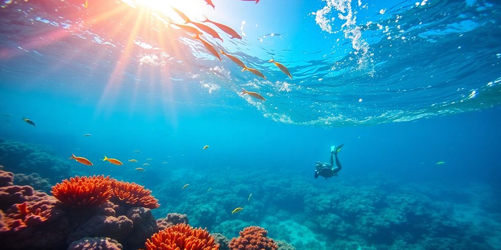 Underwater view of divers and colorful marine life.