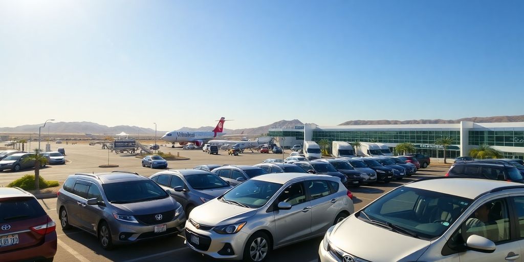 Los Cabos Airport with rental cars and sunny backdrop.