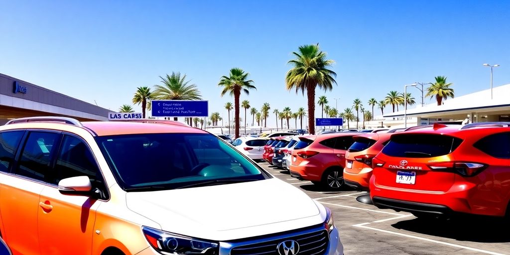 Colorful rental cars at Los Cabos Airport.