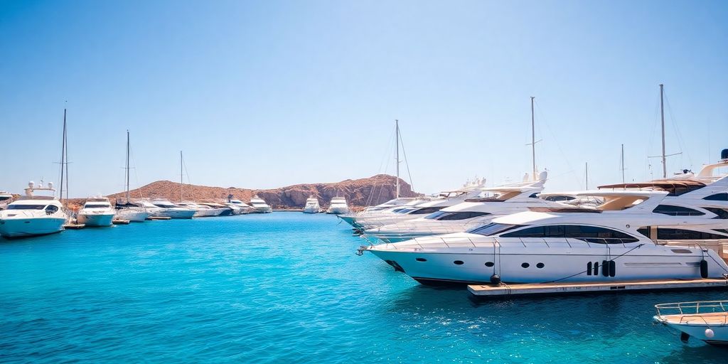 Yachts docked in Cabo San Lucas marina with blue waters.