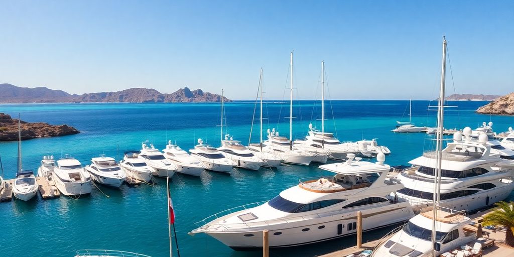 Luxury yachts in Cabo San Lucas marina on a sunny day.