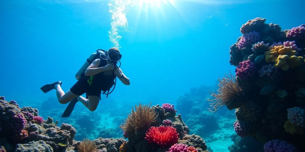 Diver exploring coral reefs in clear blue water.