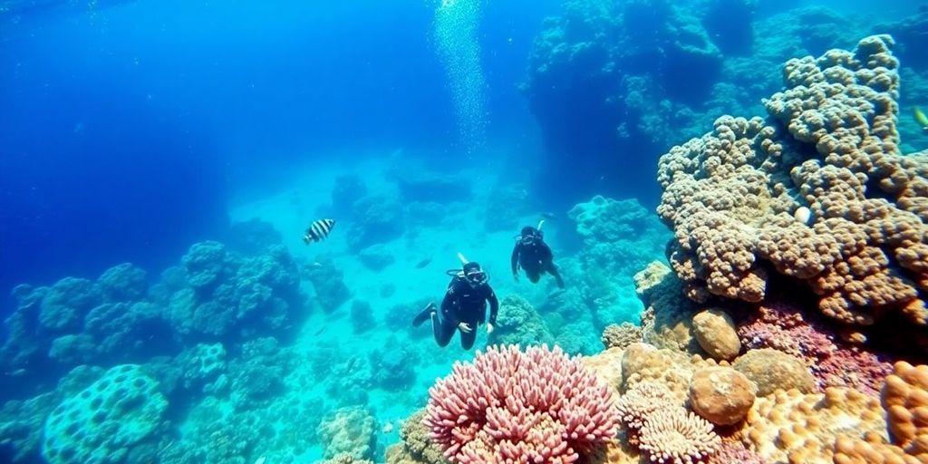 Underwater scene with colorful fish and coral reefs.