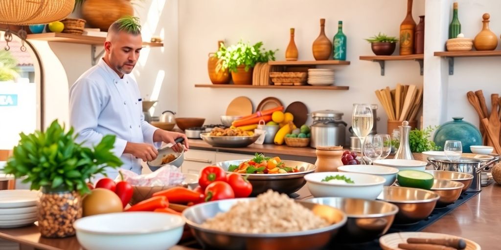 Chef cooking in a sunny Los Cabos kitchen.