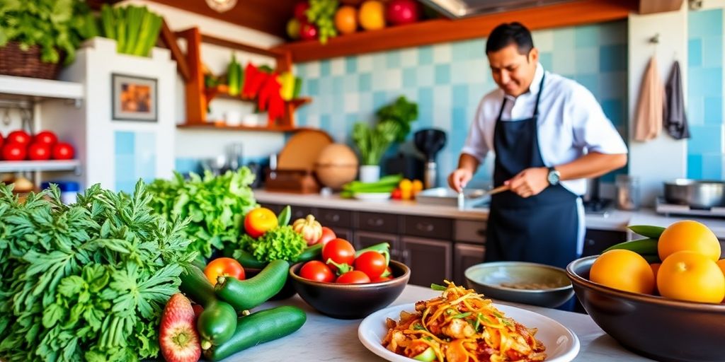 Chef cooking in a colorful kitchen with fresh ingredients.