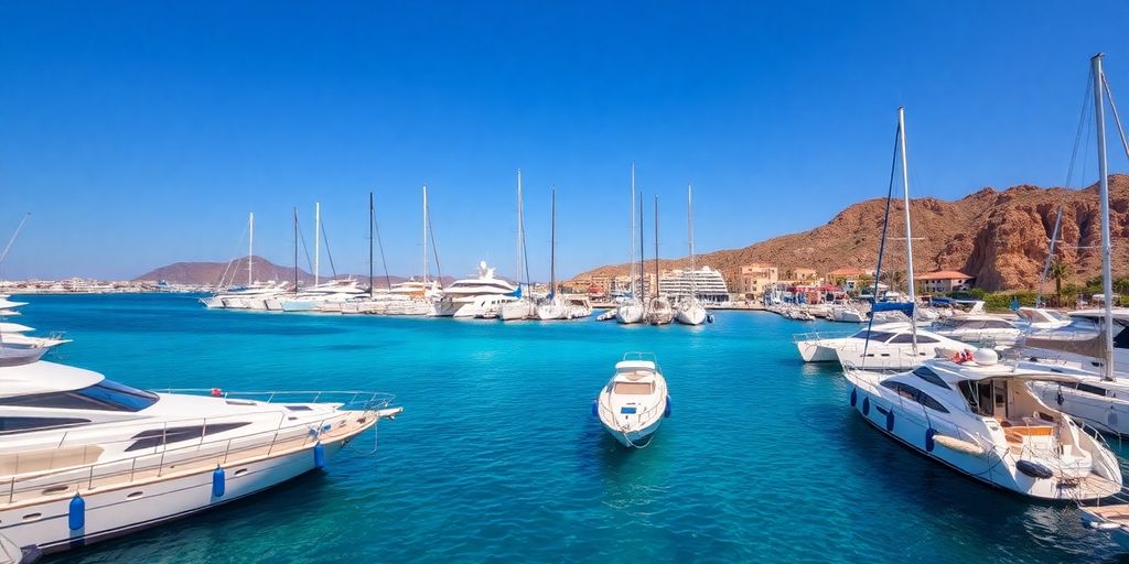Yachts at Cabo San Lucas marina with clear blue waters.