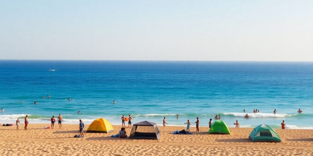 Campsite by the beach in Cabo with palm trees.