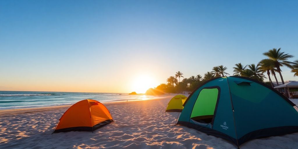 Campsite on the beach with tents and palm trees.