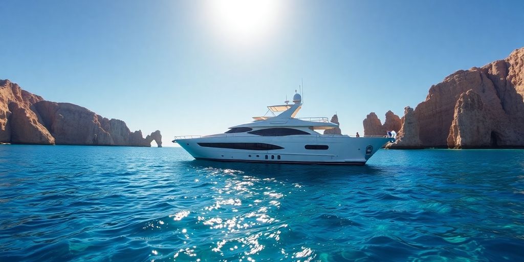 Luxurious yacht in Cabo San Lucas under clear skies.