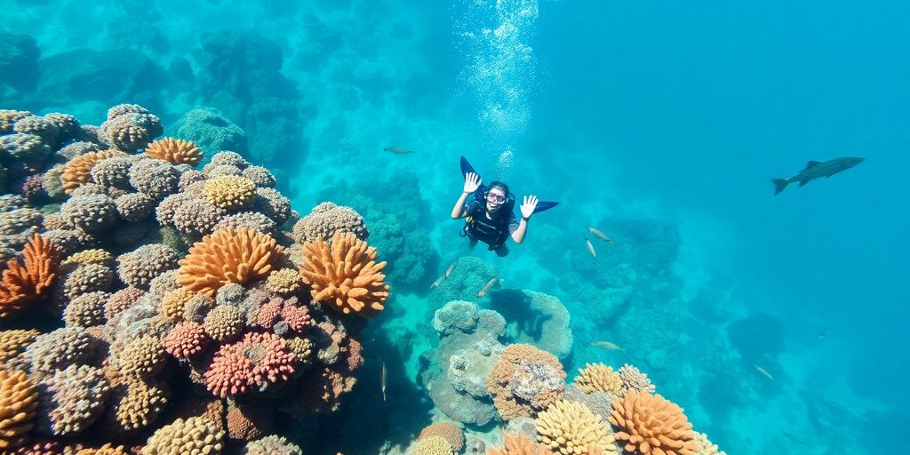 Diver amidst colorful coral reefs in Los Cabos.