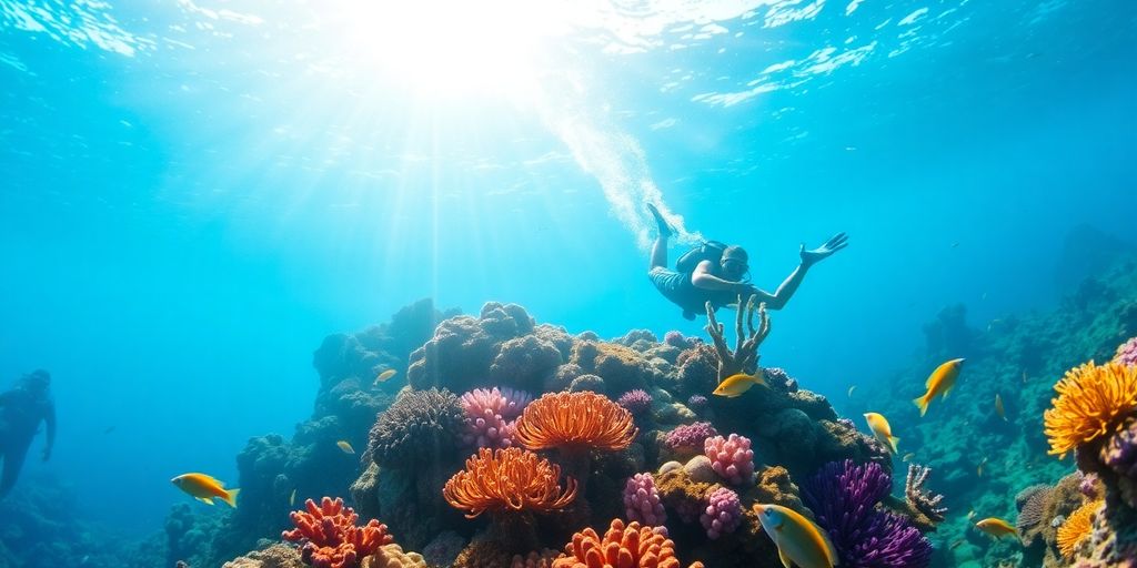 Diver exploring vibrant coral reefs in Los Cabos.