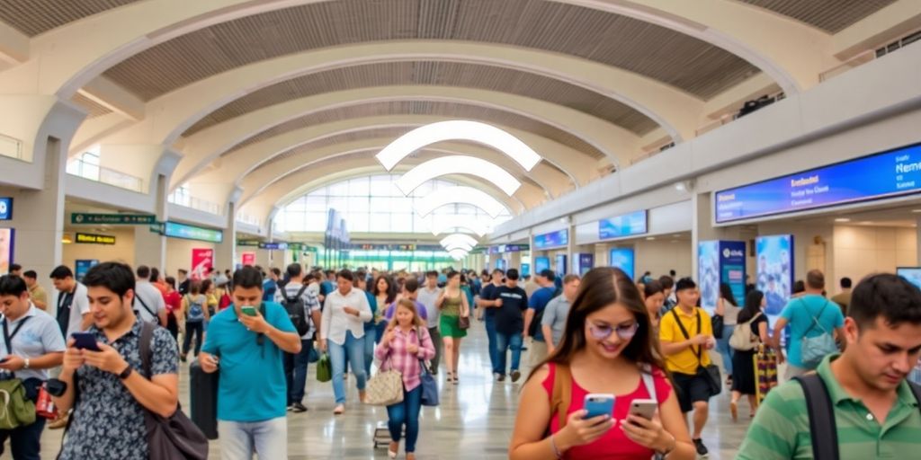 Travelers accessing WiFi in Los Cabos Airport terminal.