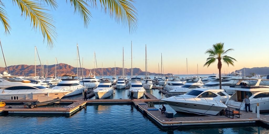 Cabo marina with yachts and security personnel at sunset.
