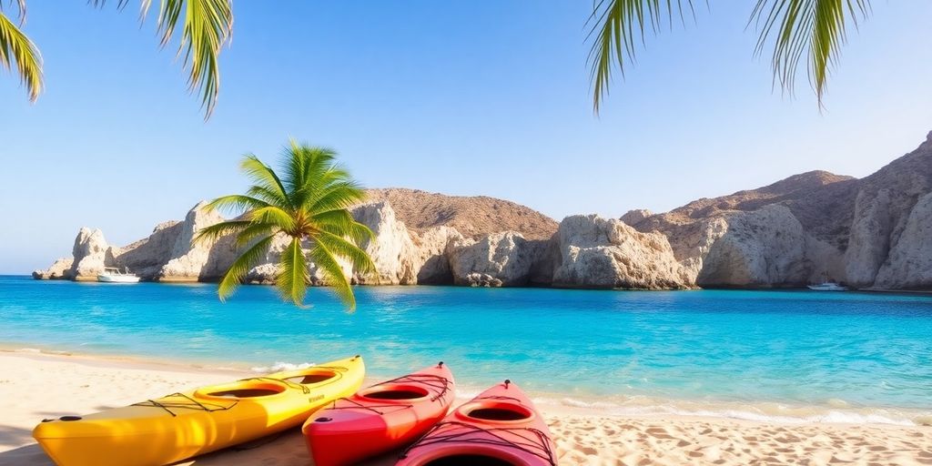 Colorful kayaks on a sunny beach in Los Cabos.