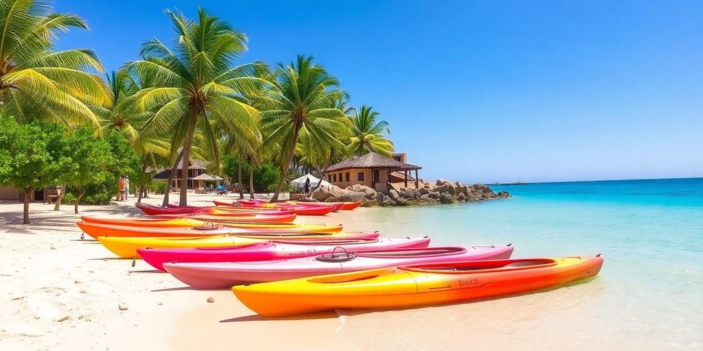 Colorful kayaks on a sunny beach in Los Cabos.