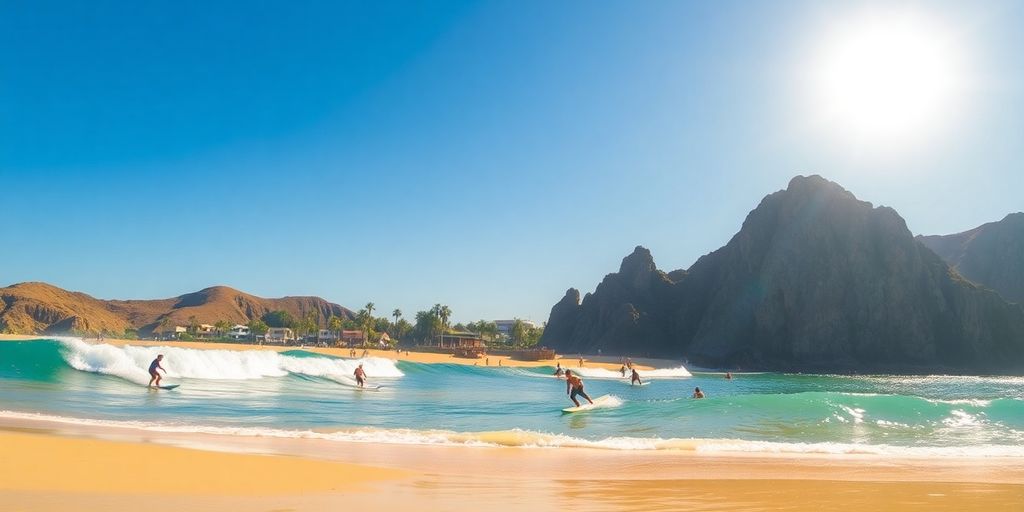 Surfers riding waves in sunny Los Cabos beach.