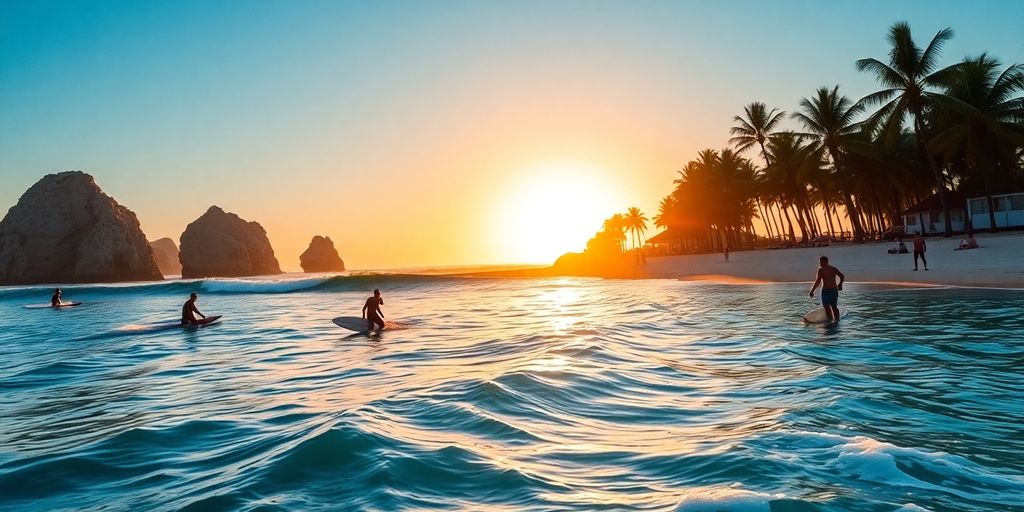 Surfers riding waves in Los Cabos at sunset.