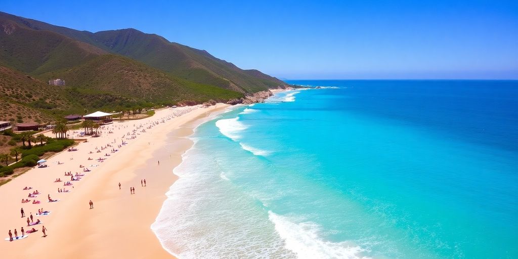 Santa Maria Beach, Los Cabos with turquoise waters and hills.