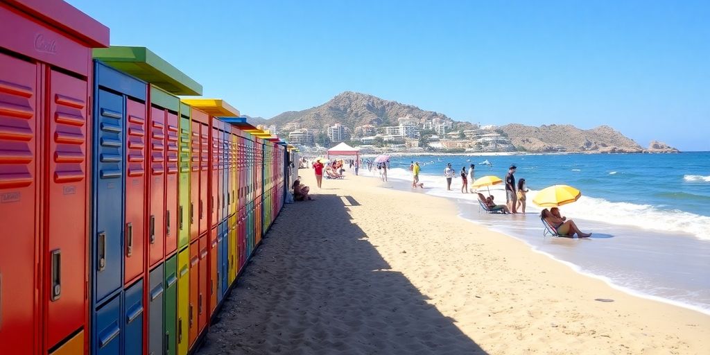 Colorful beach lockers on a sunny Cabo beach.