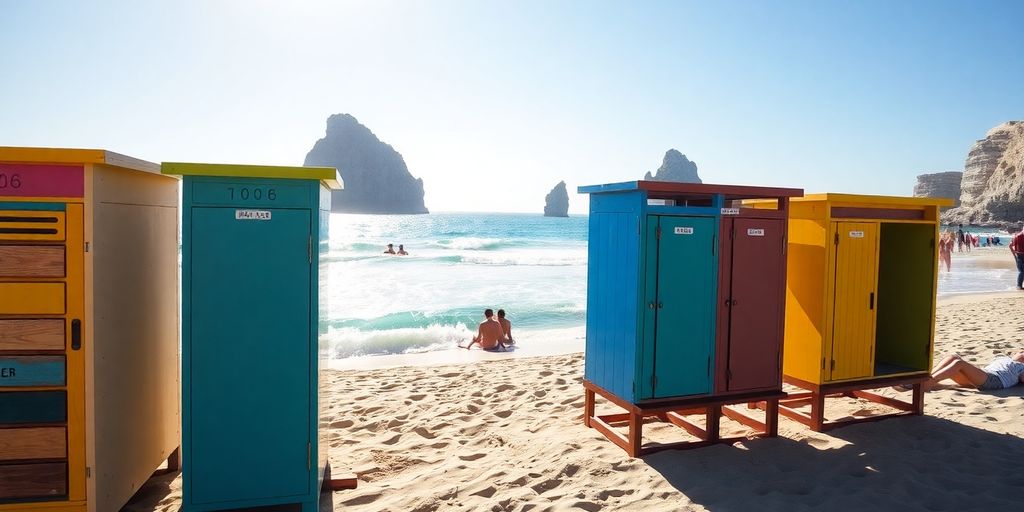 Colorful beach lockers on a sandy Cabo beach.