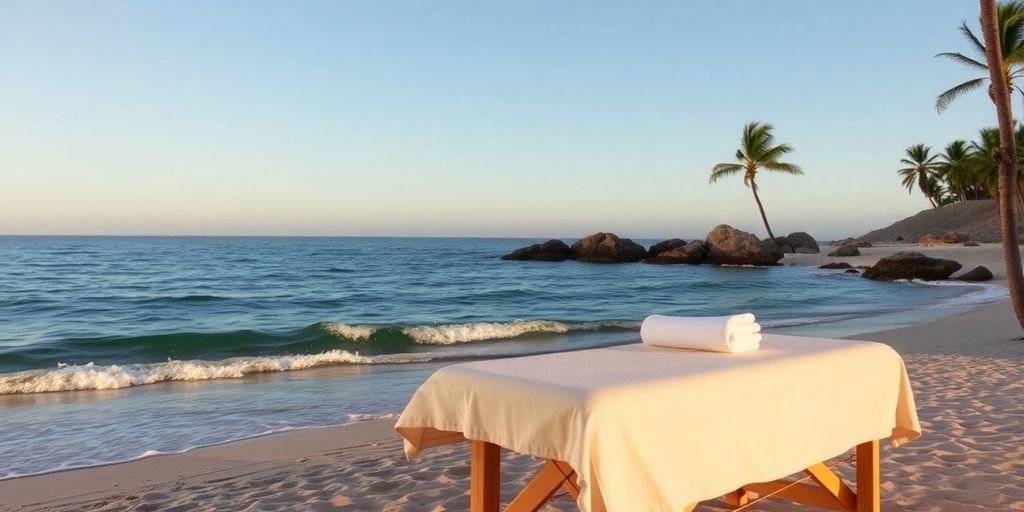 Beach massage setup with waves and palm trees.