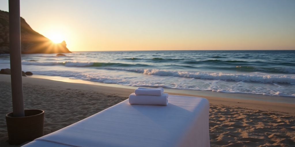 Massage setup on a Cabo beach at sunset.