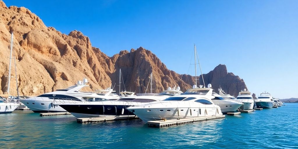 Luxury yachts at Cabo San Lucas marina under blue sky.