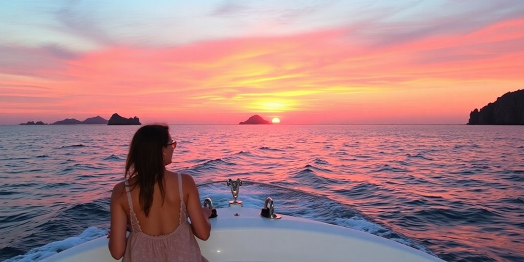 Couple sailing at sunset in Los Cabos.