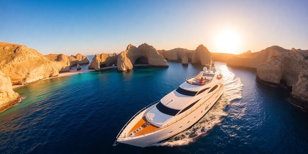 Luxury yacht sailing in Los Cabos at sunset.