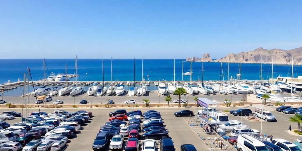 Marina parking area with boats and vehicles in Cabo.