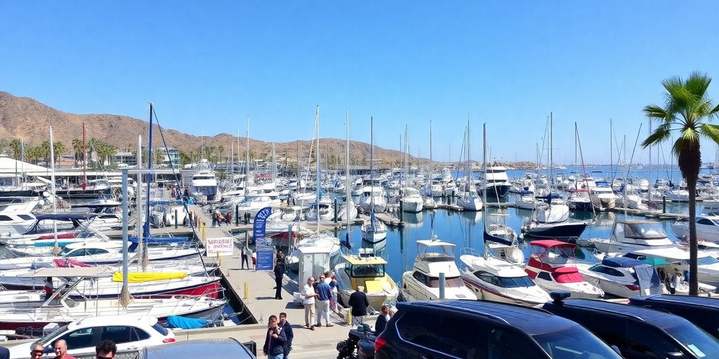 Colorful boats at Cabo marina with palm trees.