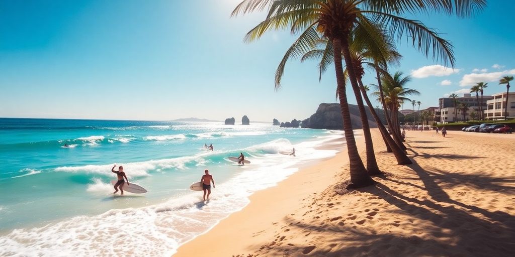 Surfers catching waves at a Los Cabos beach.